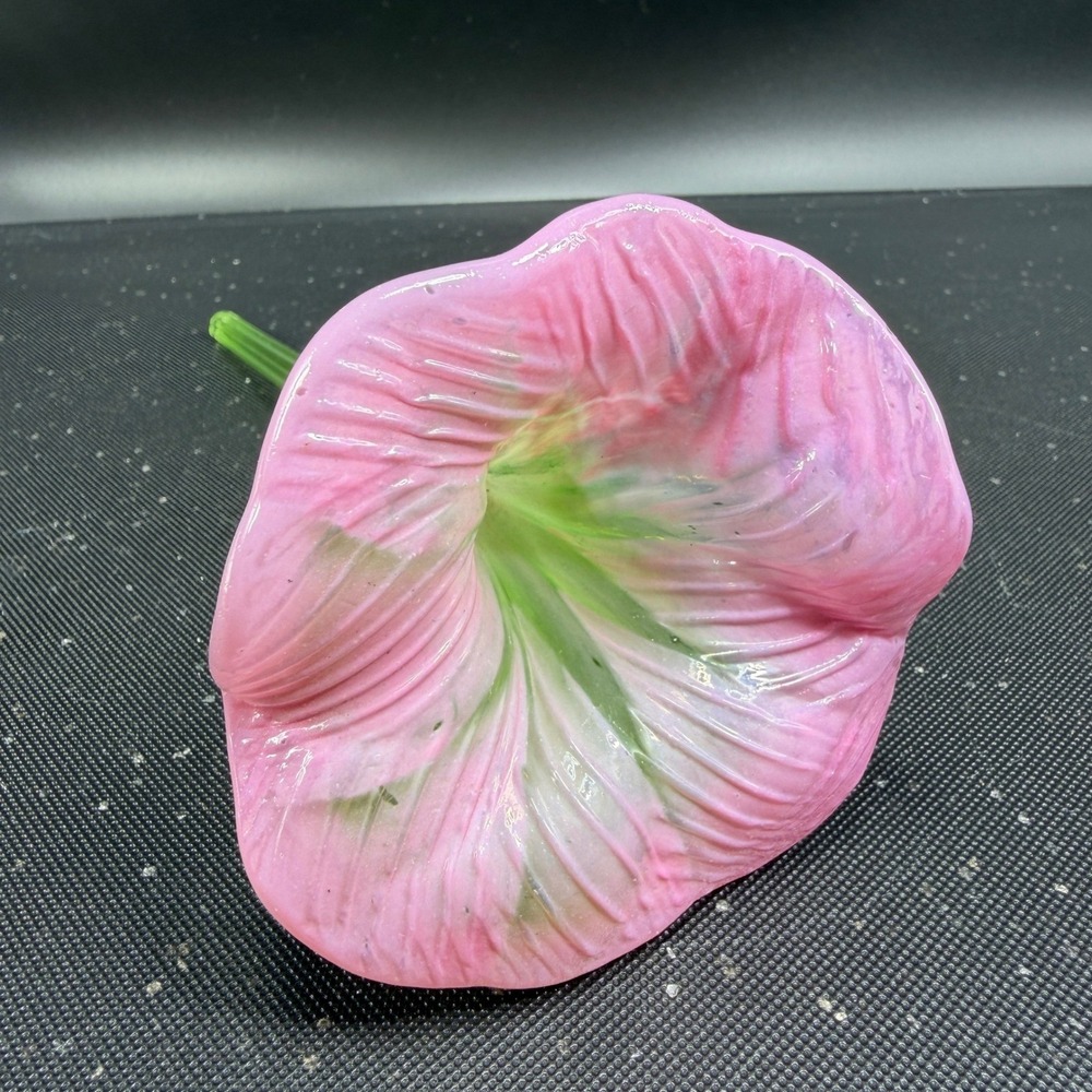 Hand Blown Glass Flower Pink Trumpet Morning Glory Green Stem Art Glass 7 Inch - Picture 8 of 11